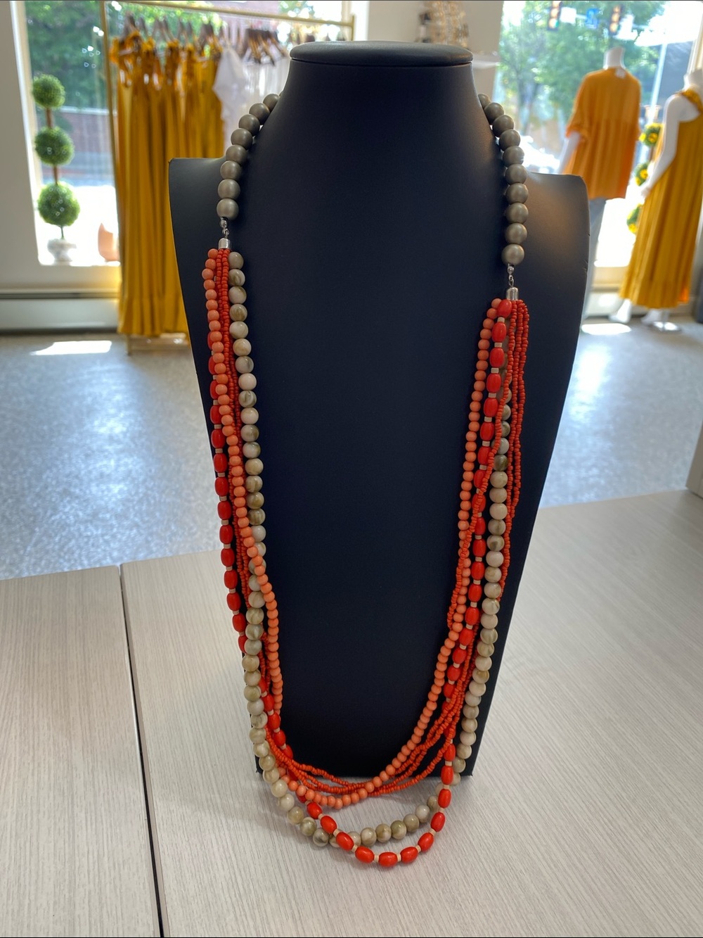 Multi-Strand Red and Beige Beaded Necklace